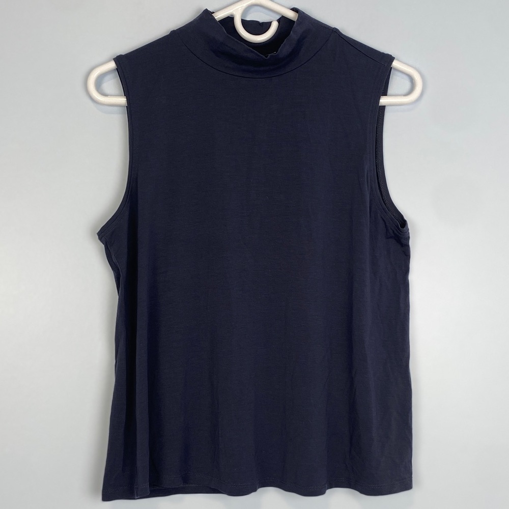 Eileen Fisher Blue Mock Neck Tank Top Small Petite Minimalist Wardrobe Staple